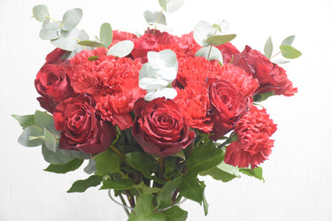 Red Roses & Red Carnation in a Vase